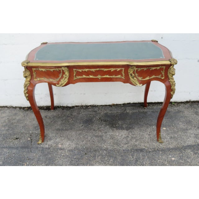 Wood French Green Leather Top With Metal Accent Large Partner Desk 6117 For Sale - Image 7 of 18