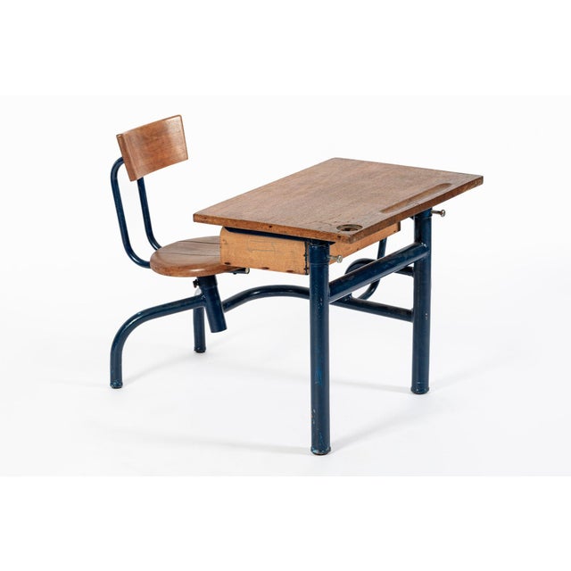 Vintage Antique Wood & Metal Child’s School Desk and Chair in the Style of Jean Prouvé For Sale - Image 9 of 14
