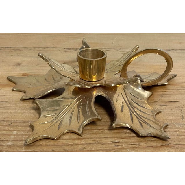 Vintage Brass Poinsettia Candle Holder Pair For Sale - Image 4 of 6