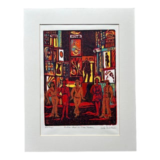 Original Woodblock Mono Print Entitled ‘ Fashion Show on Times Square’ For Sale