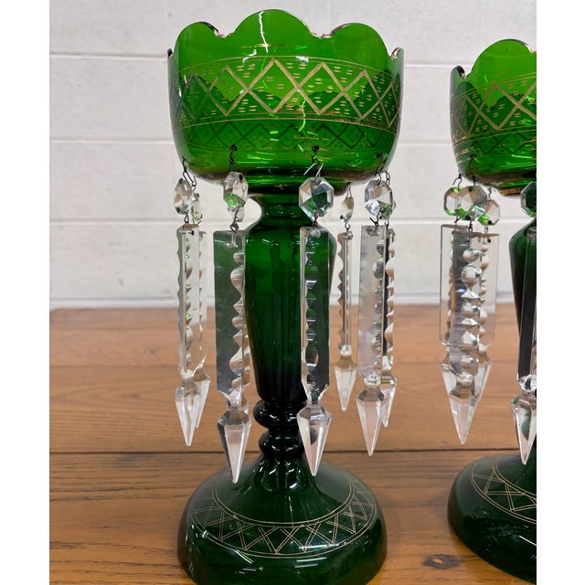 This is a beautiful pair of antique Victorian Bohemian emerald green glass mantle lustres, circa 1880–1900. Features...