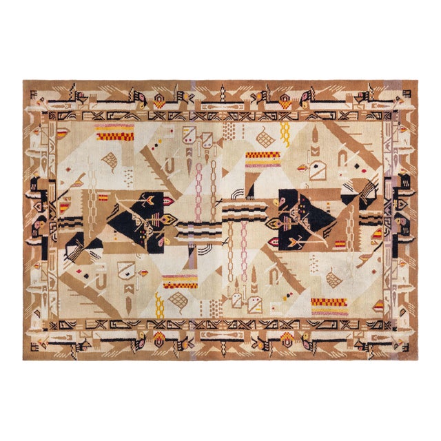 Fine Antique Abstract Indian Agra Beige Brown Handmade Wool Rug For Sale