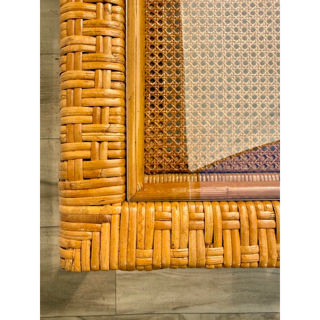 Mid-Century Two-Tier Woven Rattan & Cane Coffee Table With Glass Top For Sale In Los Angeles - Image 6 of 15