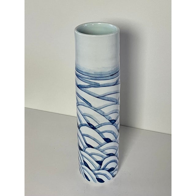 Gumps Vintage Gump's Blue & White Tall Ceramic Vase For Sale - Image 4 of 9