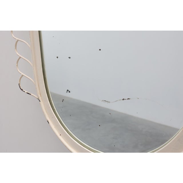 French White Lacquered Metal Mirror with Looped Wire Frame and Fan Crest, 1950s For Sale - Image 11 of 13