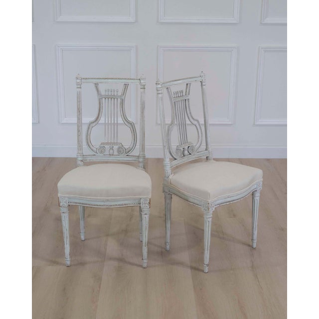 Neoclassical Pair of Antique French Neoclassical Painted Chairs in Antique Linen For Sale - Image 3 of 13