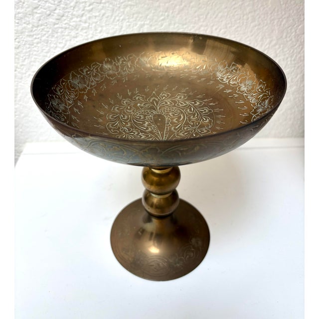 Metal Vintage Etched French Floral Brass Pedestal Bowl For Sale - Image 7 of 11