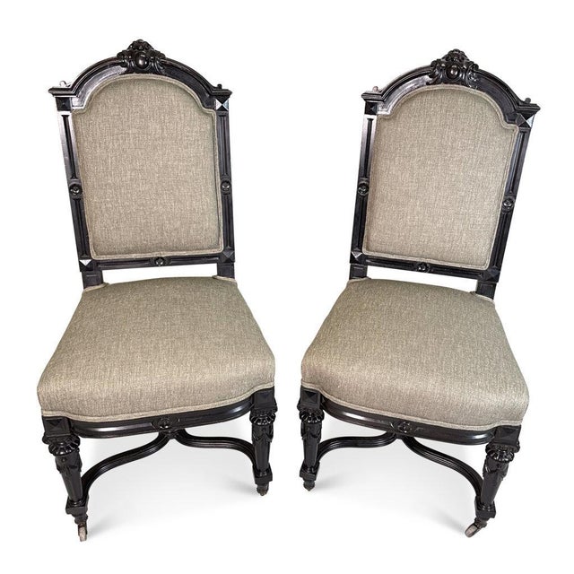 Black 1900-1909 Set of 10 Aesthetic Movement Ebonized Dining Chairs on Casters in Performance Linen For Sale - Image 8 of 12