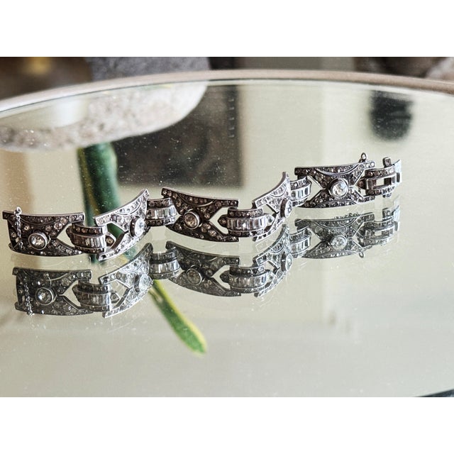 Victorian 1920s Art Deco 935 Silver Panel Bracelet With Marquise Style Glass Stones For Sale - Image 3 of 13