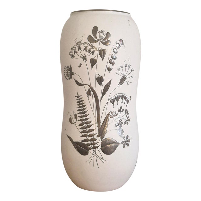 Modern Swedish Model Grazia Stoneware Vase with Decor of Flowers in Silver attributed to Stig Lindberg for Gustavsberg, 1963 For Sale