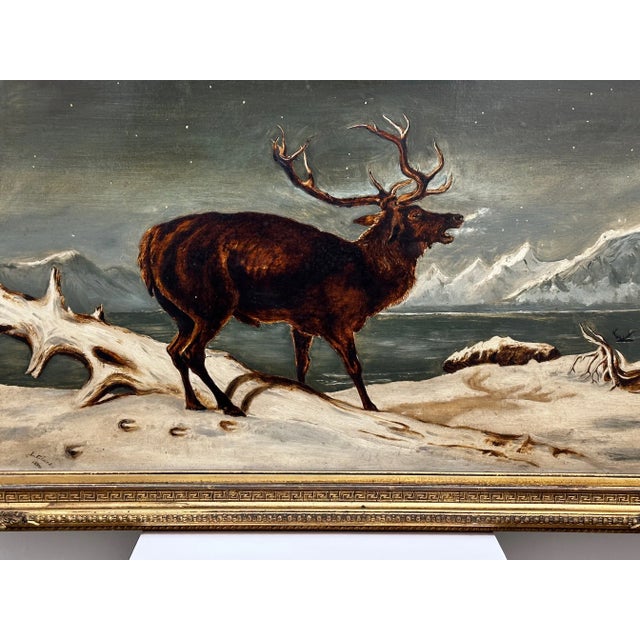 19th Century Oil Painting Winter Monarch of Glen Stag Deer Starlit Sky Highlands Loch Fyne For Sale - Image 10 of 12