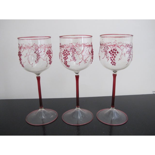 Bohemian Hand Applied Ruby Grape Vine Dainty Crystal Cordial Wine Glass Set of 3 For Sale In Portland, OR - Image 6 of 9