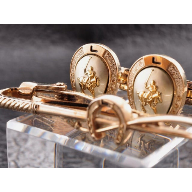 Metal Rare Vintage "Lancel" Paris Gold Plate Steel Cufflinks & Tie Bar Original Case For Sale - Image 7 of 18