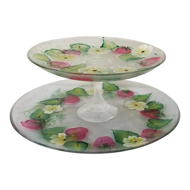 Vintage 2-Tier Serving Platter Frosted Glass Hand Painted For Sale