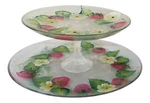 Vintage 2-Tier Serving Platter Frosted Glass Hand Painted
