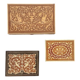 A Trio of Vintage Italian Marquetry Wood Inlay Trinket Boxes With Highly Detailed, Mirror-Image Arabesque Scrolls & Phoenixes For Sale