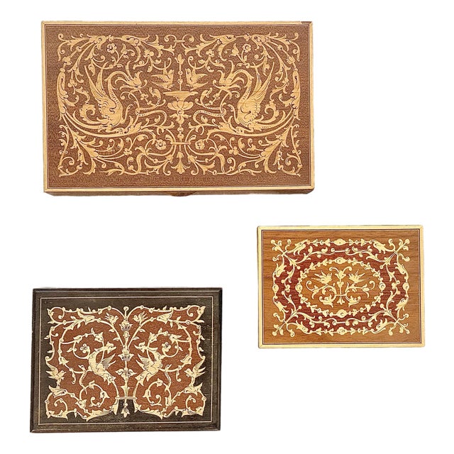 A Trio of Vintage Italian Marquetry Wood Inlay Trinket Boxes With Highly Detailed, Mirror-Image Arabesque Scrolls & Phoenixes For Sale