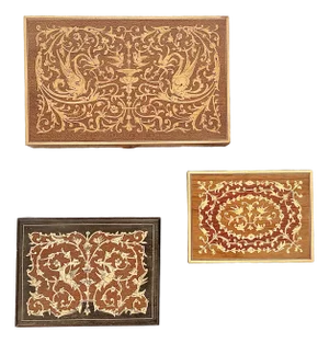A Trio of Vintage Italian Marquetry Wood Inlay Trinket Boxes With Highly Detailed, Mirror-Image Arabesque Scrolls & Phoenixes