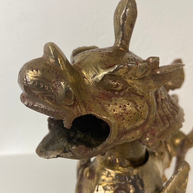 Metal Mid-Century Tibetan Brass or Bronze Guardian Lion Foo Dog Sculpture For Sale - Image 7 of 10