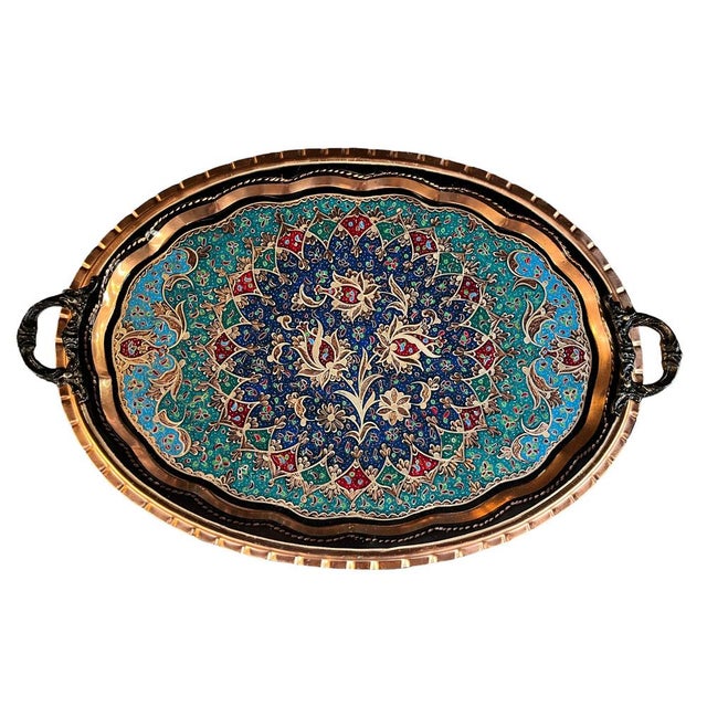 Blue Hand Painted Colorful Serving Tray with Handles For Sale - Image 8 of 9