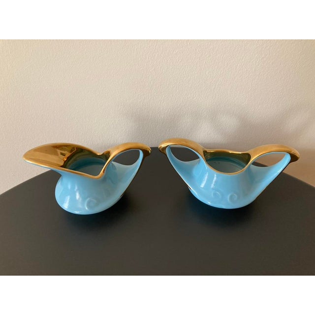 Vintage Mid 20th Century Modern Turquoise Blue and Gold Porcelain Creamer Pitcher For Sale - Image 11 of 12