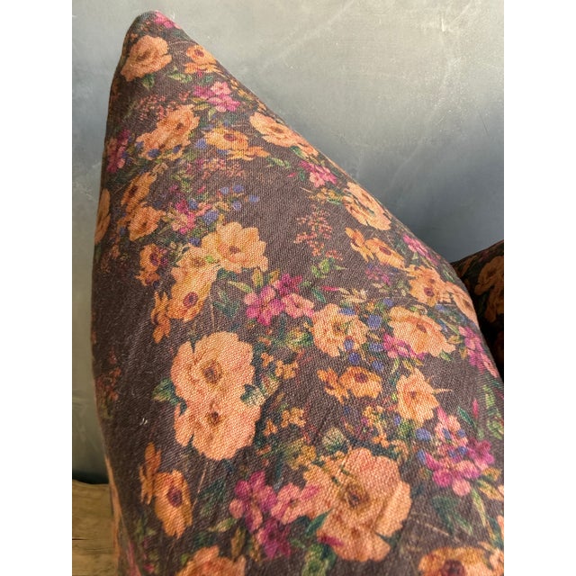 Brown Floral Linen Pillow With Brass Zipper and Down Feather Insert For Sale - Image 4 of 7