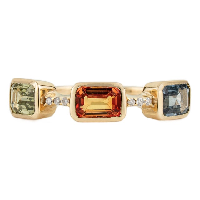 1.92ct Emerald Cut Multi Sapphire & Diamond Three Stone Ring in 14k Yellow Gold Size 4 For Sale