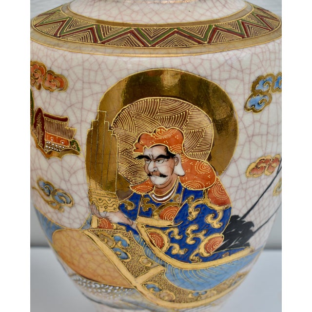 1920s Antique Pair of Japanese Satsuma Moriage Ceramic Vase For Sale - Image 5 of 17