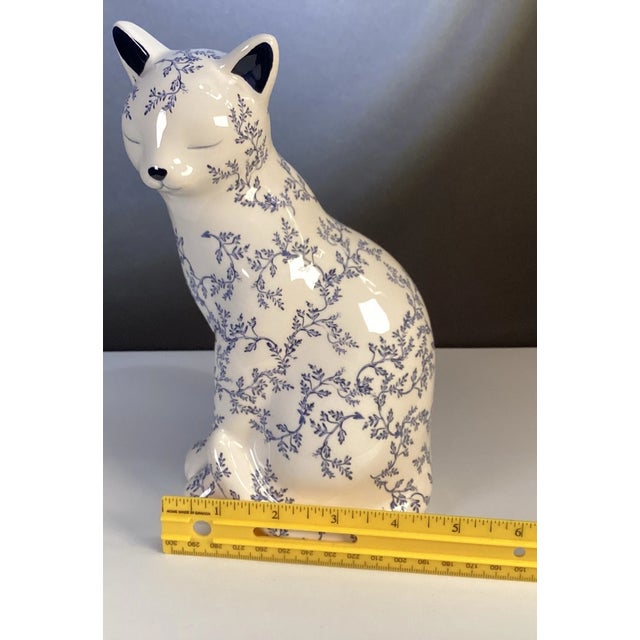 Ceramic Vintage Chinese Blue and White Floral Ceramic Cat Figurine For Sale - Image 7 of 7