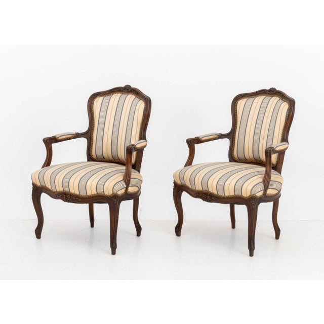 French Pair of Louis XV Style Walnut Striped Linen Upholstered Fauteuils For Sale - Image 3 of 9
