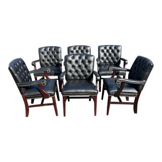 Traditional Chippendale Leatherette Vegan Tufted Arm Chairs With Brass Rivets in Black - Set of 6 For Sale