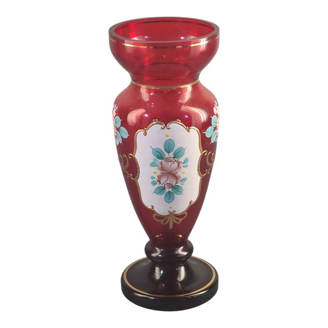 Vintage Bohemian Art Glass Cranberry Red Hand Painted Enamel Romantic Roses Vase For Sale