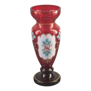 Vintage Bohemian Art Glass Cranberry Red Hand Painted Enamel Romantic Roses Vase