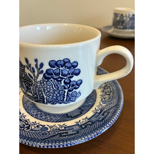 Vintage Churchill England Blue & White Transferware Cups and Saucers – Set of 4 For Sale - Image 9 of 12