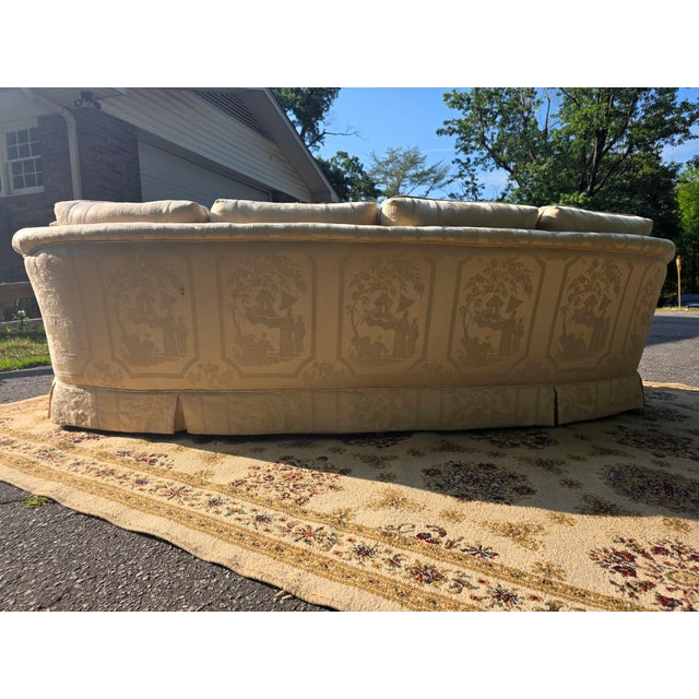 Mid-Century Modern **Price Drop** Vintage Hollywood Regency Chinoiserie Curved Ivory Sofa For Sale - Image 3 of 5