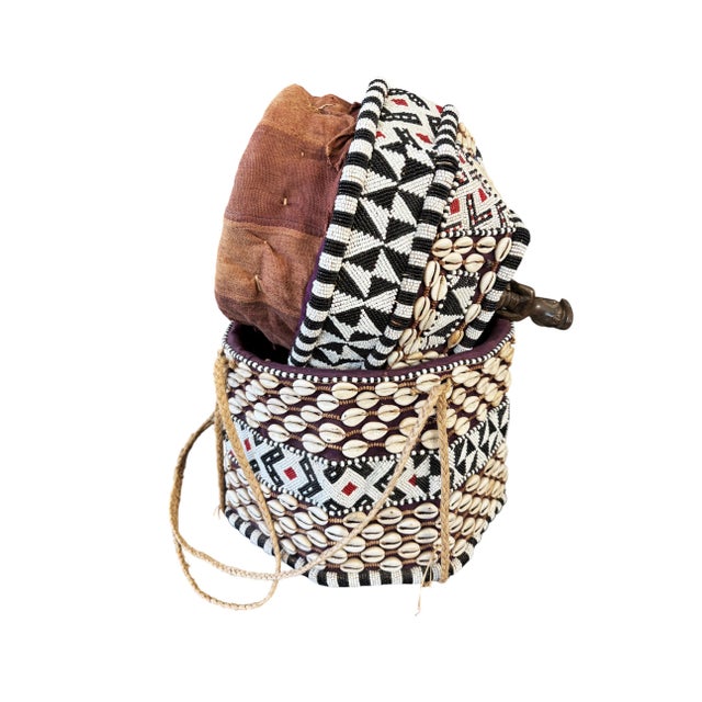 Vintage African Kuba Royal Beaded Basket Congo 21" H For Sale - Image 9 of 9