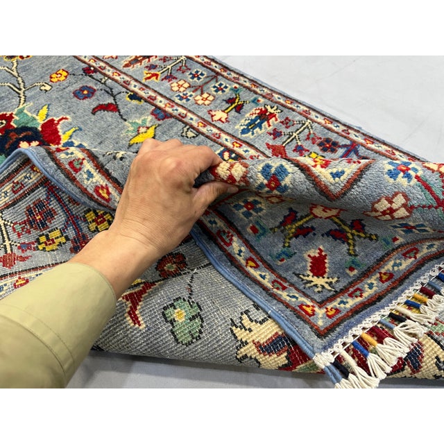 Blue Gray Persian-Style Floral Wool Runner Rug, Natural Dyes, 2'9" X 9'7" For Sale - Image 9 of 14