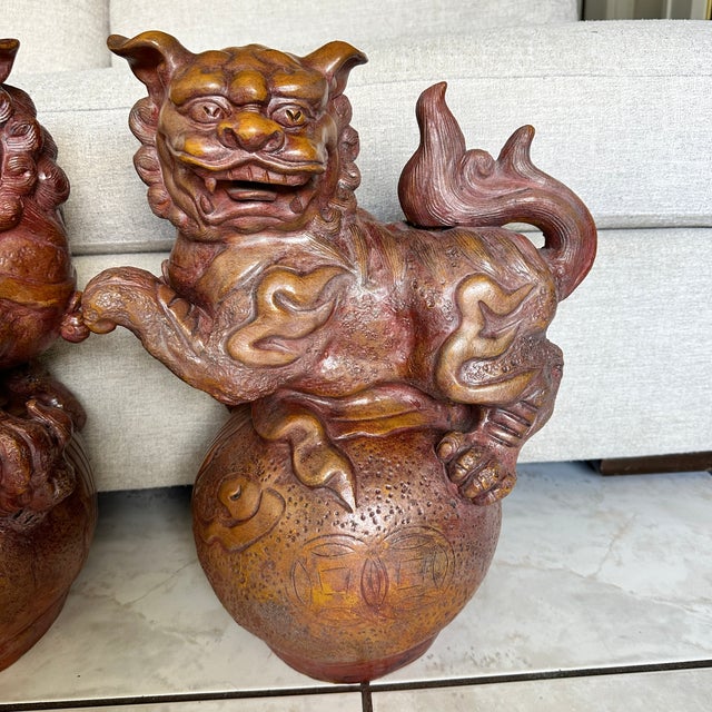 Pair Large 19" Terracotta Foo Dogs Chinese Guardian Lions Vintage Heavy For Sale In Miami - Image 6 of 17