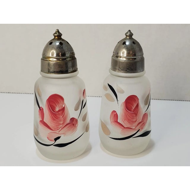 Boho Chic Hazel Atlas Satin Glass With Painted Floral Design Salt & Pepper Shakers For Sale - Image 9 of 9