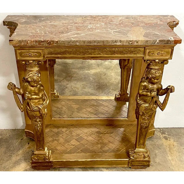 Neoclassical 19th Century Italian Neoclassical Breccia Viola Marble & Giltwood Figural Console For Sale - Image 3 of 13