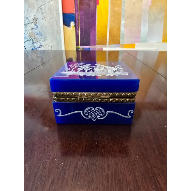 A superb antique french opaline crystal box for the finest jewelry / gems diamonds etc with a handpainted enamel scene of...