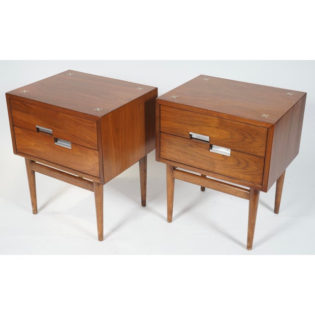 1960s Merton Gershun for American of Martinsville Mid Century X Inlay Walnut Nightstands Set of 2 For Sale In Miami - Image 6 of 9