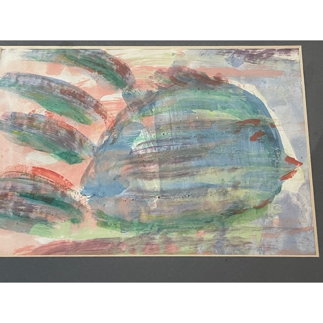 Small contemporary original mixed media on paper Fishy Washy by Elia. Framed under glass.