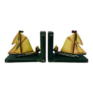 Vintage Hand Carved Hand Painted Wood Sailboat Bookends a Pair For Sale