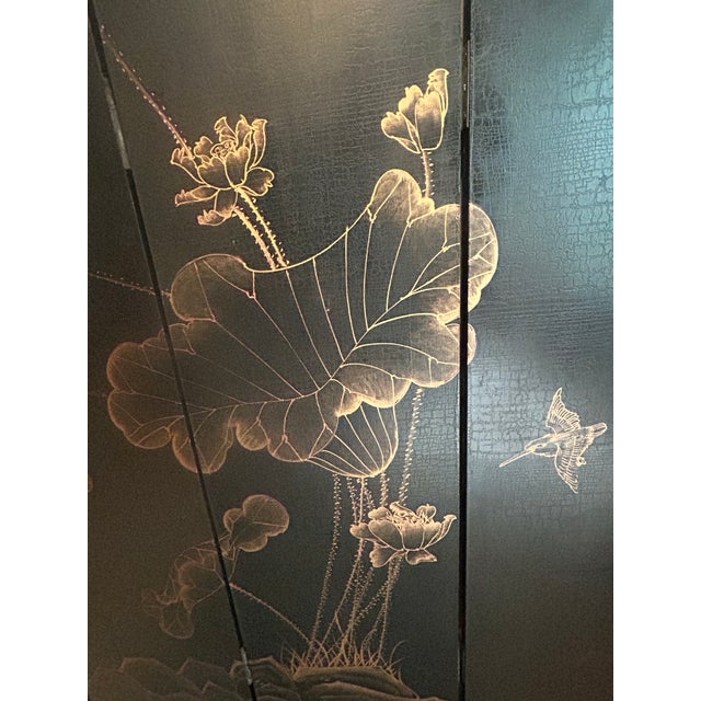 Black Vintage Chinoiserie Hand-Painted, Double-Sided 48”x48” Folding Screen For Sale - Image 8 of 8