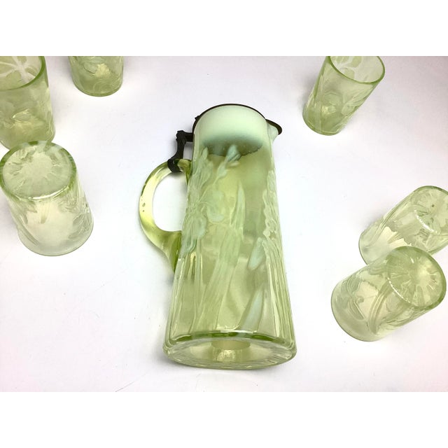 Rare Northwood Opalescent Daffodil Uranium Glass Pitcher & Six Glasses Water Lemonade Set. This is a phenomenal set. You...