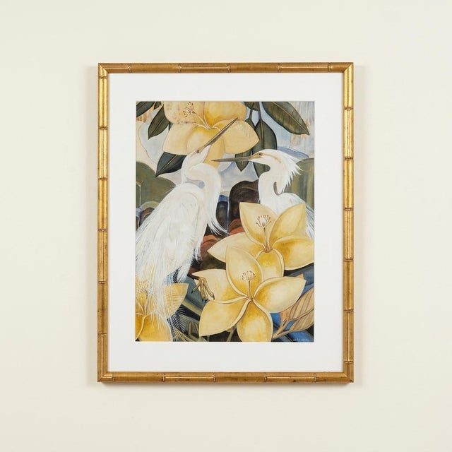 1940s Original Gouache Painting Egret Birds by James McCracken Signature Bamboo Framed Wall Art For Sale - Image 12 of 12