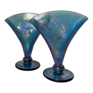 Pair Fenton Celeste Blue Stretch Glass Fan Vases Iridescent Oval Logo Vintage For Sale