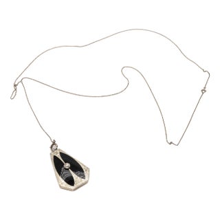 Early 20th Century Art Deco White Gold Diamond Onyx Memorial Locket Pendant Necklace For Sale