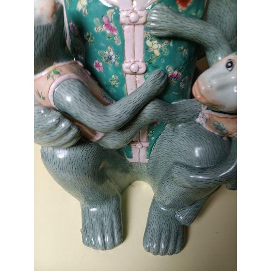 1970s 1970s Chinese Hand Painted Ceramic Monkey With Babies Sculpture Figuring Decor For Sale - Image 5 of 6